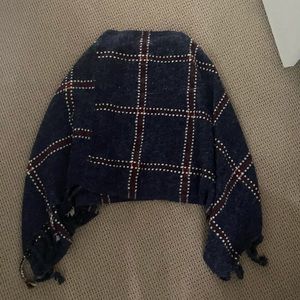 Faux wool checkered navy poncho